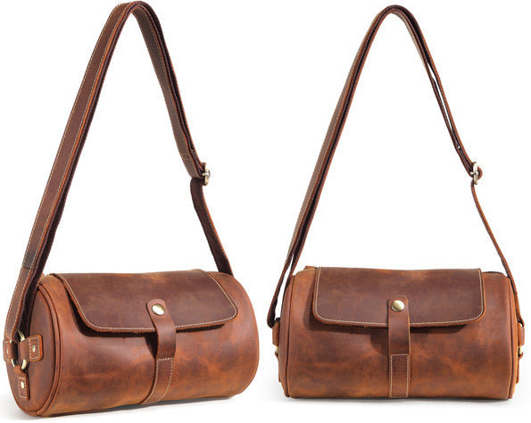 DEEPKEE original nubuck handmade full-grain genuine leather cowhide bag Vintage Leather Cylindricity Crossbody Bags No.SF061