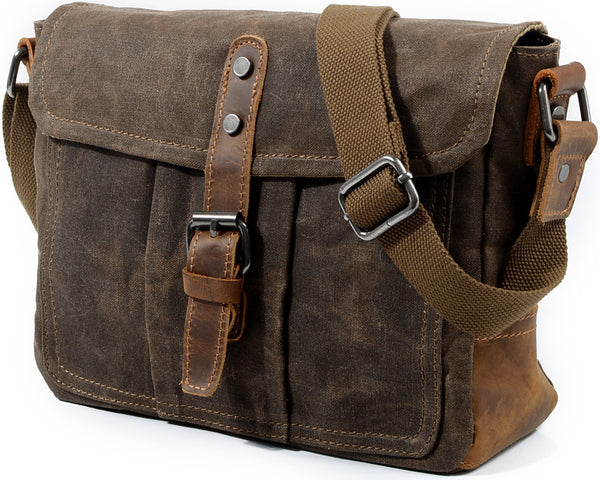 DEEPKEE original nubuck handmade full-grain genuine leather cowhide bag Waxed Canvas Mens Waterproof Side Bag, Courier Bag, Messenger Bag for Men.