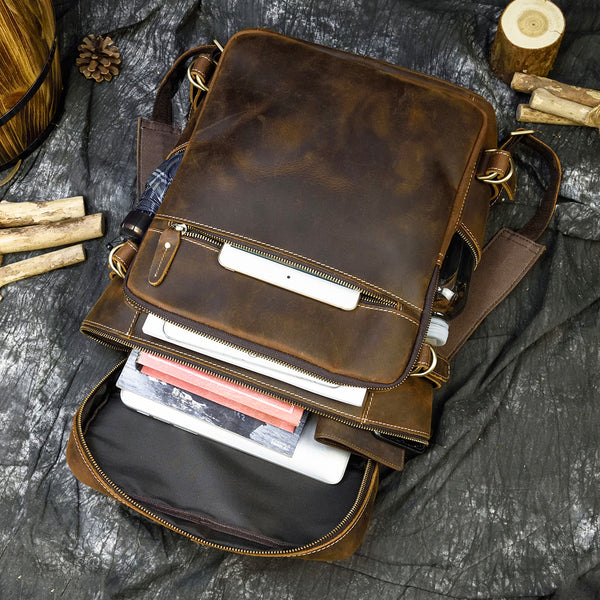 DEEPKEE original nubuck handmade full-grain genuine leather cowhide bag Jacob Offset Cylinder Travel Backpack No8027