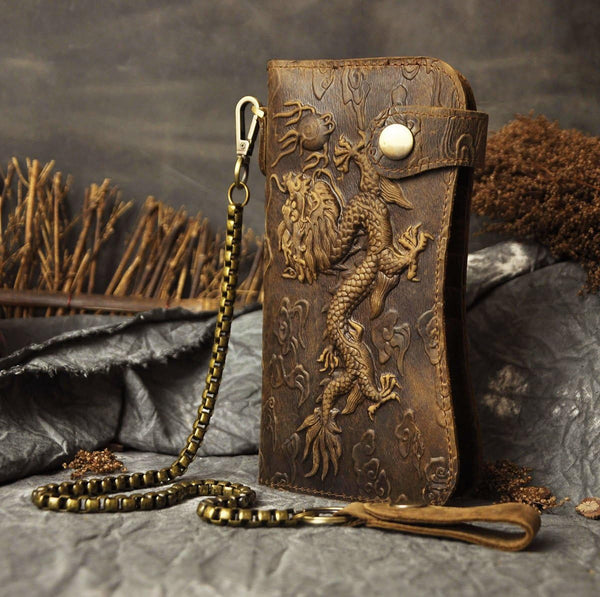 DEEPKEE original nubuck handmade full-grain genuine leather cowhide bag Deepkee Genuine Leather Bifold Wallet Organizer Checkbook Iron Chain #LD052