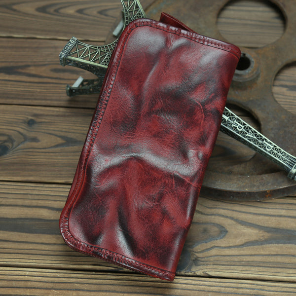 DEEPKEE original nubuck handmade full-grain genuine leather cowhide bag Handmade Leather Mens Long Chain Wallet Bifold Biker Wallet Zipper Clutch Wallet for Men #SG012