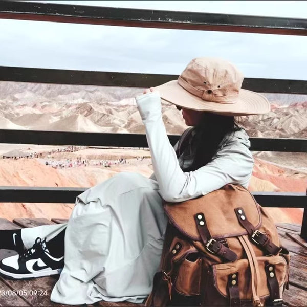 DEEPKEE original nubuck handmade full-grain genuine leather cowhide bag Canvas Spliced Leather Mountaineering Backapck #9508