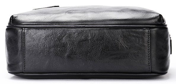 DEEPKEE original nubuck handmade full-grain genuine leather cowhide bag Black Cool Leather 10 inches Large Zipper Messenger Bag Handbag Shoulder Bag For Men