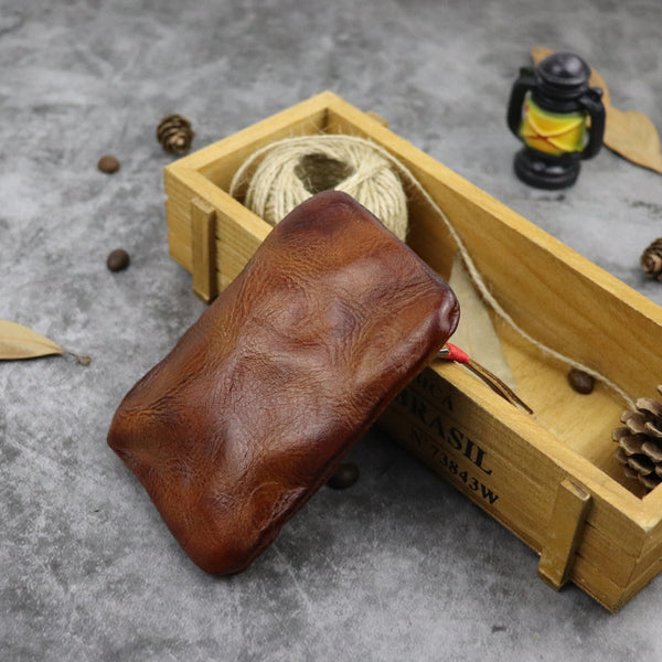 DEEPKEE original nubuck handmade full-grain genuine leather cowhide bag Vintage Slim Tan Leather Coin Wallet Zipper Coin Holder #SG121