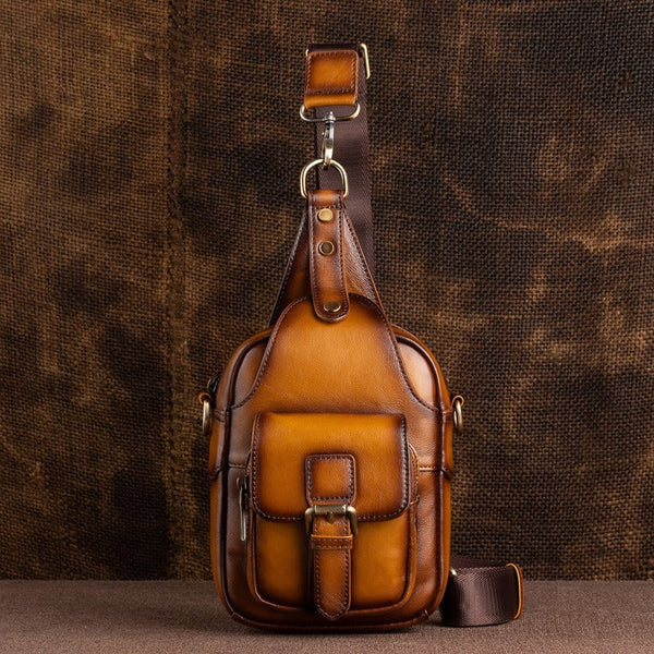 DEEPKEE original nubuck handmade full-grain genuine leather cowhide bag Leather Sling Bag Crossbody Sling Pack Black Small Shoulder Bag Side Bag For Men #WX8683