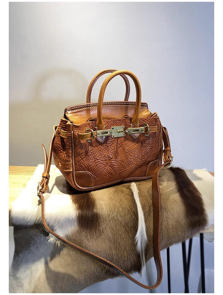 DEEPKEE original nubuck handmade full-grain genuine leather cowhide bag Shrunk Grain Cowhide Replic Faux Birkin 25 Bag #EOL-4494