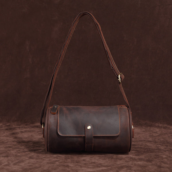 DEEPKEE original nubuck handmade full-grain genuine leather cowhide bag Vintage Leather Cylindricity Crossbody Bags No.SF061