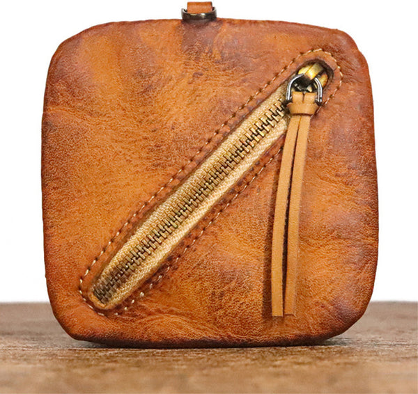 DEEPKEE original nubuck handmade full-grain genuine leather cowhide bag Cowhide vegetable tanned leather simple compact zipper coin purse organizer #SG123