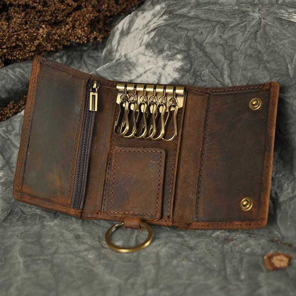DEEPKEE original nubuck handmade full-grain genuine leather cowhide bag DEEPKEE Handmade Leather Trifold Key Wallet #KZ230