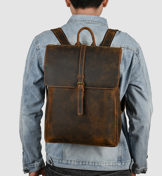 DEEPKEE original nubuck handmade full-grain genuine leather cowhide bag Travel Rucksack School Backpack No1811