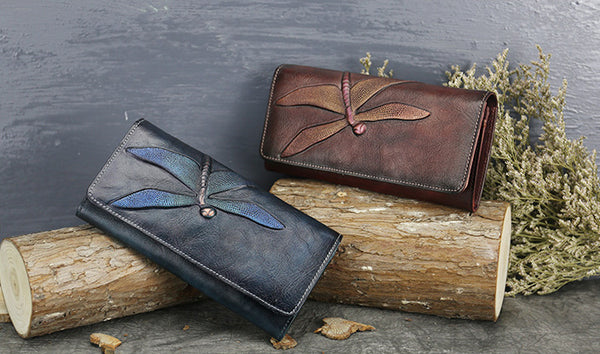 DEEPKEE original nubuck handmade full-grain genuine leather cowhide bag Deepkee Leather Carving Dragonflies Wallet #9630