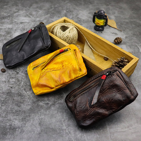 DEEPKEE original nubuck handmade full-grain genuine leather cowhide bag Vintage Slim Tan Leather Coin Wallet Zipper Coin Holder #SG121