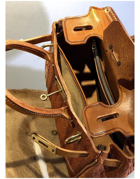 DEEPKEE original nubuck handmade full-grain genuine leather cowhide bag Shrunk Grain Cowhide Replic Faux Birkin 25 Bag #EOL-4494