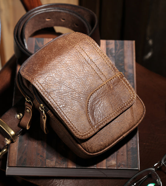 DEEPKEE original nubuck handmade full-grain genuine leather cowhide bag Leather Cowhide Frosted Brown Wear Belt Riding Site Work Waist Bag #6370