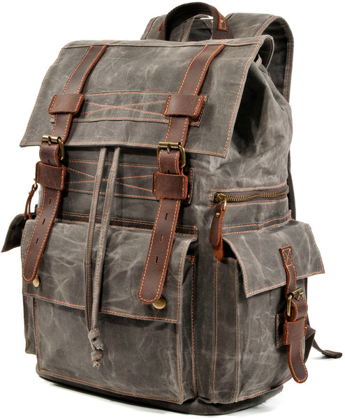 DEEPKEE original nubuck handmade full-grain genuine leather cowhide bag Waxed Canvas Travel Hiking Backpack # 9504
