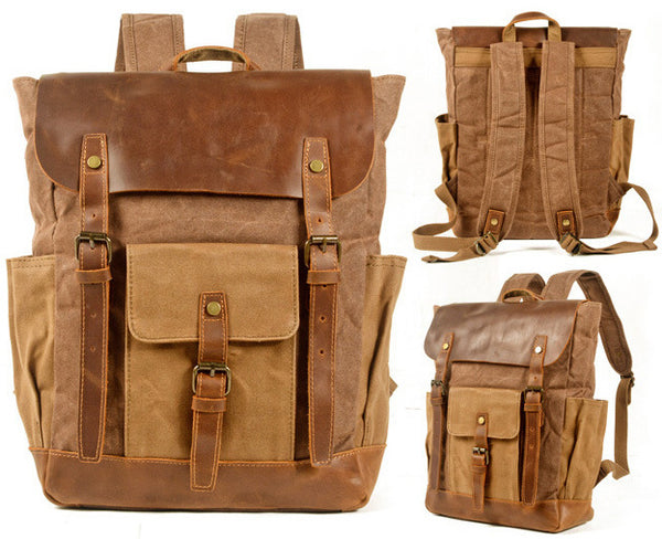 DEEPKEE original nubuck handmade full-grain genuine leather cowhide bag Deepkee Waxed Canvas Oiled Leather Backpack #5016