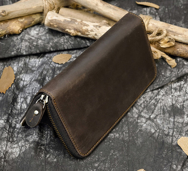 DEEPKEE original nubuck handmade full-grain genuine leather cowhide bag Leather Round Zip Wallet Long Wallet Clutch #8871