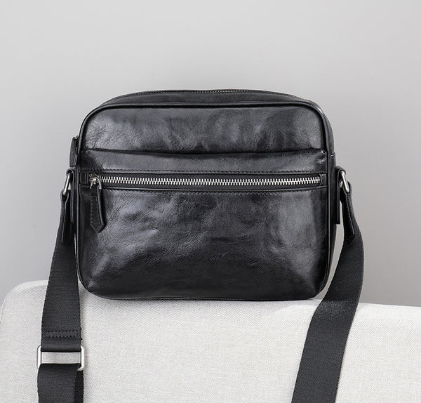 DEEPKEE original nubuck handmade full-grain genuine leather cowhide bag Black Cool Leather 10 inches Large Zipper Messenger Bag Handbag Shoulder Bag For Men