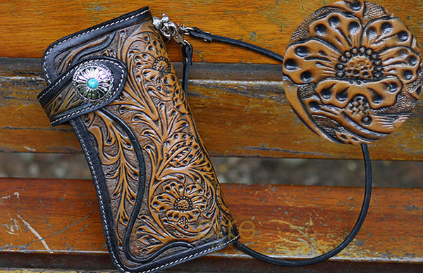 DEEPKEE original nubuck handmade full-grain genuine leather cowhide bag Deepkee Handmade Tooled Leather Floral Biker Wallet Chain 81665