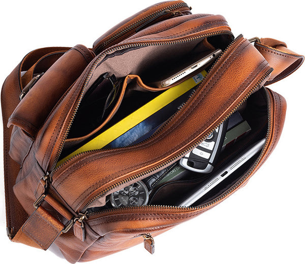 DEEPKEE original nubuck handmade full-grain genuine leather cowhide bag Vegetable Tanned full-grain Leather Crossbody Casual Bag, Hand Colored. 13669