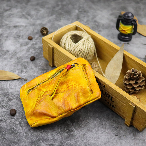 DEEPKEE original nubuck handmade full-grain genuine leather cowhide bag Vintage Slim Tan Leather Coin Wallet Zipper Coin Holder #SG121