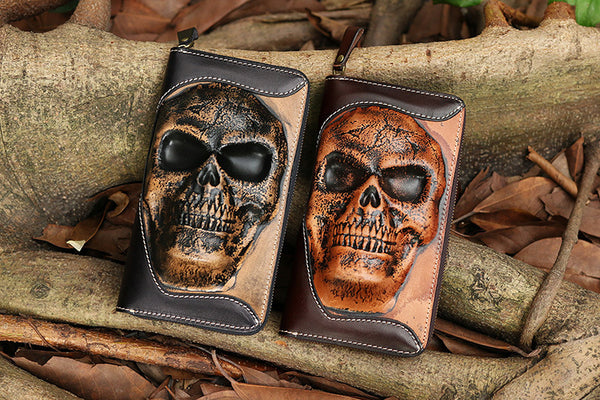 DEEPKEE original nubuck handmade full-grain genuine leather cowhide bag Handmade Leather Skull Death Tooled Long Wallet #5248