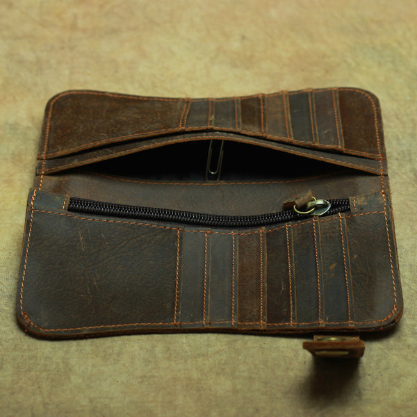 DEEPKEE original nubuck handmade full-grain genuine leather cowhide bag Deepkee Genuine Leather Bifold Wallet Organizer Checkbook Iron Chain #LD052