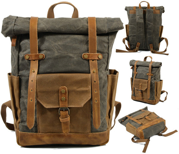 DEEPKEE original nubuck handmade full-grain genuine leather cowhide bag Classic Oil-Wax Canvas Drawstring Backpack #6105Z