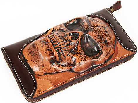 DEEPKEE original nubuck handmade full-grain genuine leather cowhide bag Handmade Leather Skull Death Tooled Long Wallet #5248