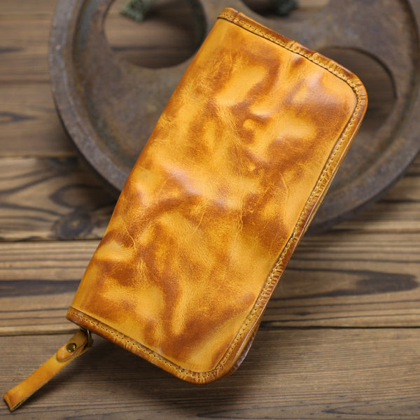 DEEPKEE original nubuck handmade full-grain genuine leather cowhide bag Handmade Leather Mens Long Chain Wallet Bifold Biker Wallet Zipper Clutch Wallet for Men #SG012