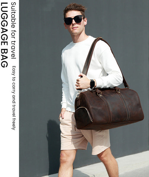 DEEPKEE original nubuck handmade full-grain genuine leather cowhide bag The Duffel Luggage Bag #6482 Our Men's Leather Duffle Bag with Shoe Compartment.
