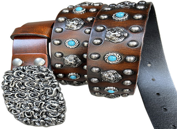 DEEPKEE original nubuck handmade full-grain genuine leather cowhide bag Heavy Industry Trend Rivets Punk Inlaid Imitation Tturquoise Cowhide Belt #191207