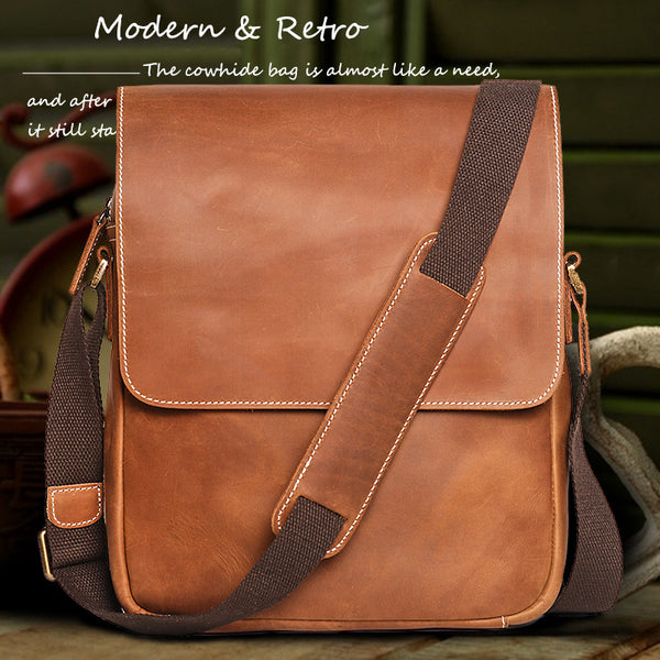 DEEPKEE original nubuck handmade full-grain genuine leather cowhide bag Best DEEPKEE Brown Leather Vertical Side Bag Courier Bag Messenger Bag 30023