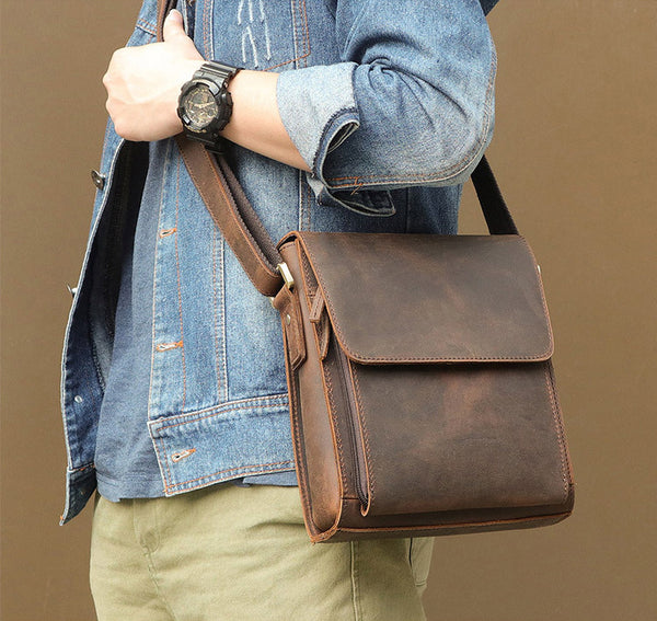 DEEPKEE original nubuck handmade full-grain genuine leather cowhide bag Crazy Horse Leather Crossbody Pack Messenger Bag #7055B