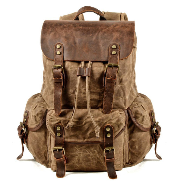 DEEPKEE original nubuck handmade full-grain genuine leather cowhide bag Classic Oil-Wax Canvas Drawstring Backpack #6105Z