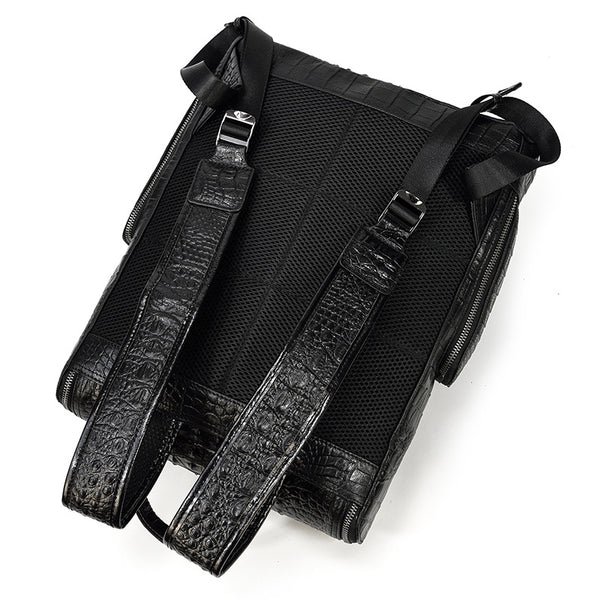 DEEPKEE original nubuck handmade full-grain genuine leather cowhide bag Black Crocodile Pattern Leather Men's 14 inches Travel College Backpack For Men #6070