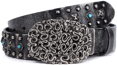 DEEPKEE original nubuck handmade full-grain genuine leather cowhide bag Heavy Industry Trend Rivets Punk Inlaid Imitation Tturquoise Cowhide Belt #191207