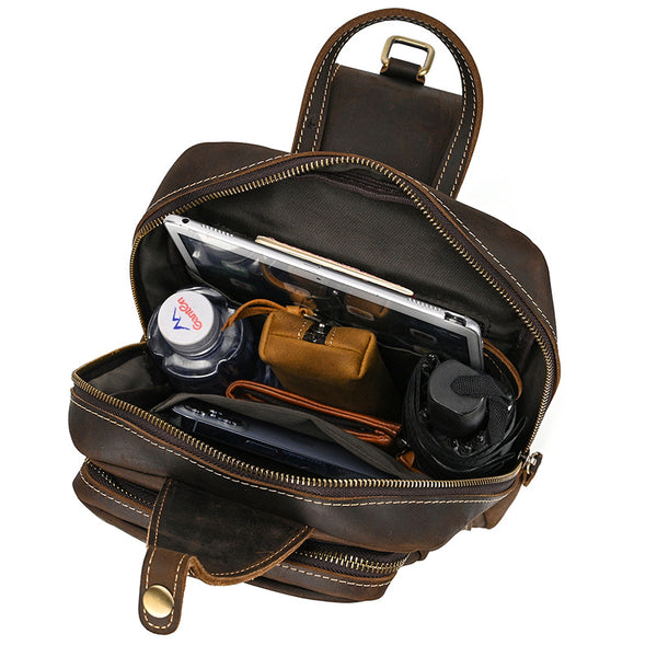 DEEPKEE original nubuck handmade full-grain genuine leather cowhide bag Leather Mens Cool Sling Bag Crossbody Bag Chest Bag for men #9456