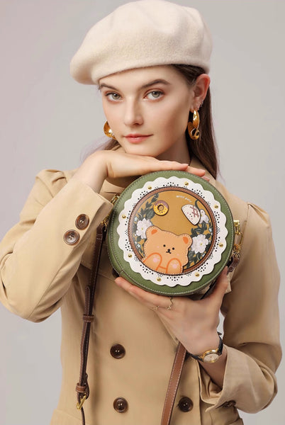 DEEPKEE original nubuck handmade full-grain genuine leather cowhide bag DEEPKEE HANDMADE LEATHER Miss Gail Luxury OOTD Round Crossbody Bag #G1144