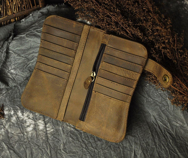 DEEPKEE original nubuck handmade full-grain genuine leather cowhide bag Deepkee Genuine Leather Bifold Wallet Organizer Checkbook Iron Chain #LD052