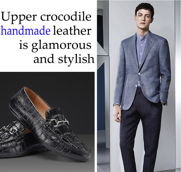 DEEPKEE original nubuck handmade full-grain genuine leather cowhide bag Handmade Crocodile Gommino Mens 6007-1