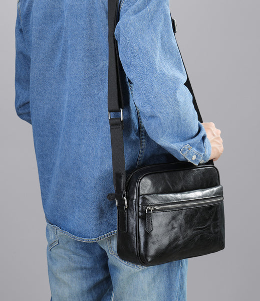 DEEPKEE original nubuck handmade full-grain genuine leather cowhide bag Black Cool Leather 10 inches Large Zipper Messenger Bag Handbag Shoulder Bag For Men