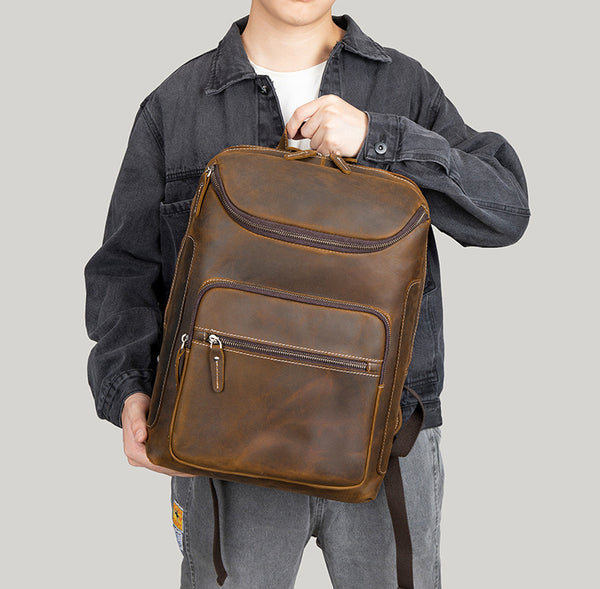 DEEPKEE original nubuck handmade full-grain genuine leather cowhide bag Leather Satchel Backpack #1430