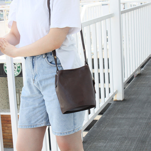 DEEPKEE original nubuck handmade full-grain genuine leather cowhide bag Vegetable Tanned Cowhide Leather Tote Bucket Bag #KM-019