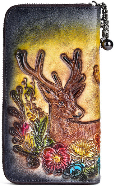 DEEPKEE original nubuck handmade full-grain genuine leather cowhide bag Deepkee Handmade embossed deer cowhide wallet clutch #88007