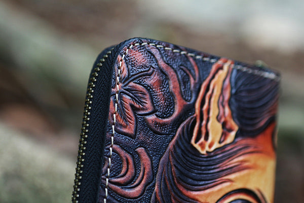 DEEPKEE original nubuck handmade full-grain genuine leather cowhide bag Deepkee Cowhide Carved Japanese Wallet #23790