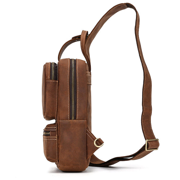 DEEPKEE original nubuck handmade full-grain genuine leather cowhide bag Leather Mens Cool Sling Bag Crossbody Bag Chest Bag for men #9456