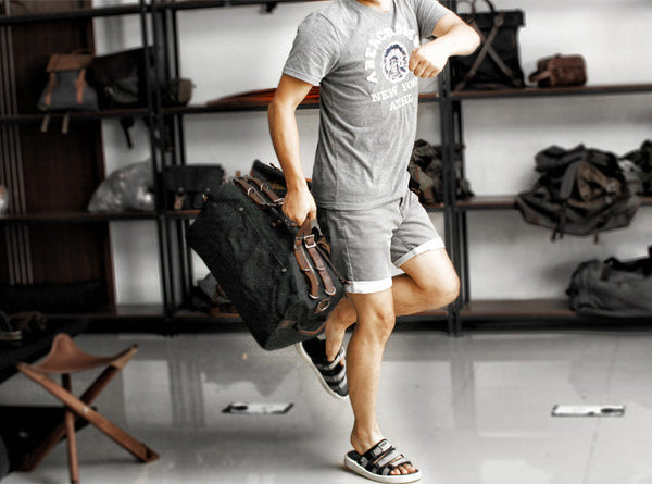 DEEPKEE original nubuck handmade full-grain genuine leather cowhide bag American military style distressed thick waxed canvas with solid craftsmanship Duffle bag #9518