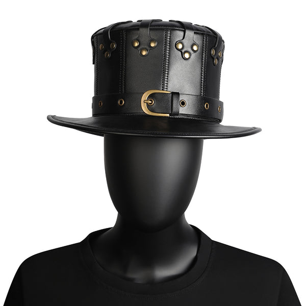 DEEPKEE original nubuck handmade full-grain genuine leather cowhide bag Black Dapper Steampunk Hat #HG144