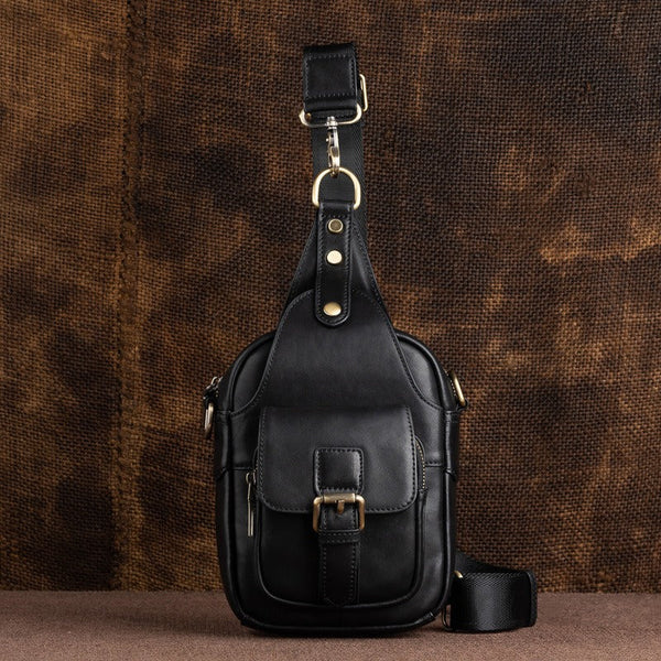 DEEPKEE original nubuck handmade full-grain genuine leather cowhide bag Leather Sling Bag Crossbody Sling Pack Black Small Shoulder Bag Side Bag For Men #WX8683